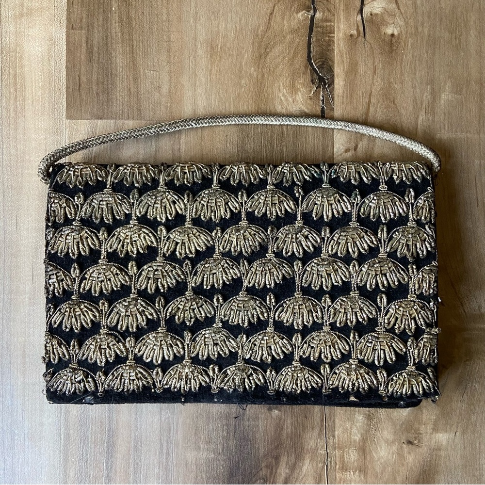 Vintage 1930s black embroidered beaded Made in India bag